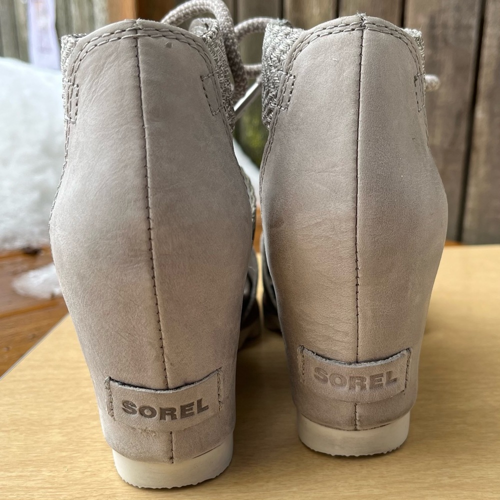 Sorel Wm’s Joanie Lace Up Leather & Canvas Wedge Sandals In Gray Sz 8 - Picture 7 of 16